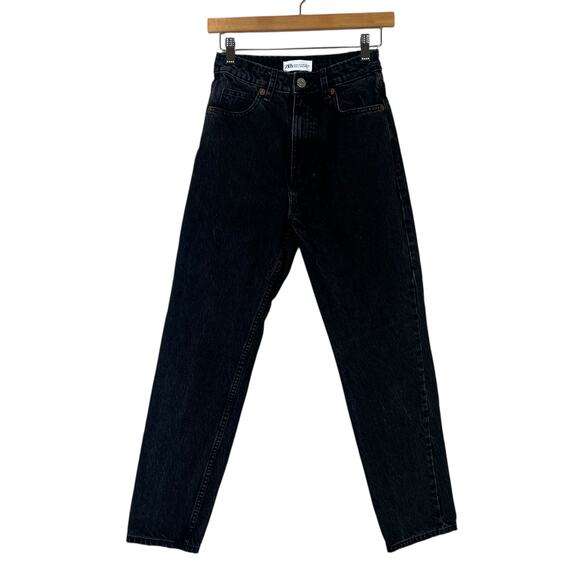 Zara Mom Jeans Womens 2 Black High Rise Rigid Tapered Clean Cut Minimalist Goth - Picture 1 of 5
